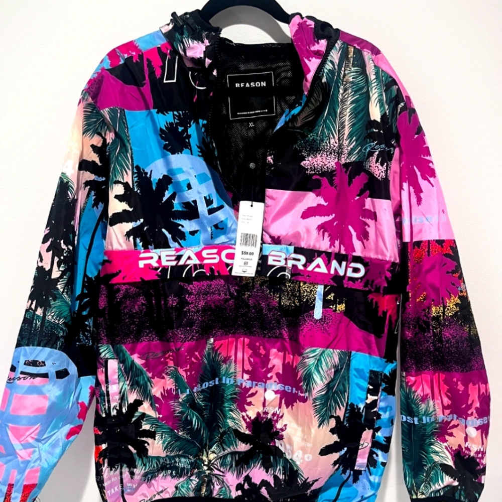 Reason Brand Windbreaker Anorak Lost in Paradise design Mens XL NWT